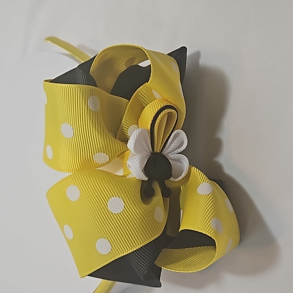 Hand Crafted Handmade Bow Hairband Yellow white polka-dot black contrast ribbon - Picture 9 of 17